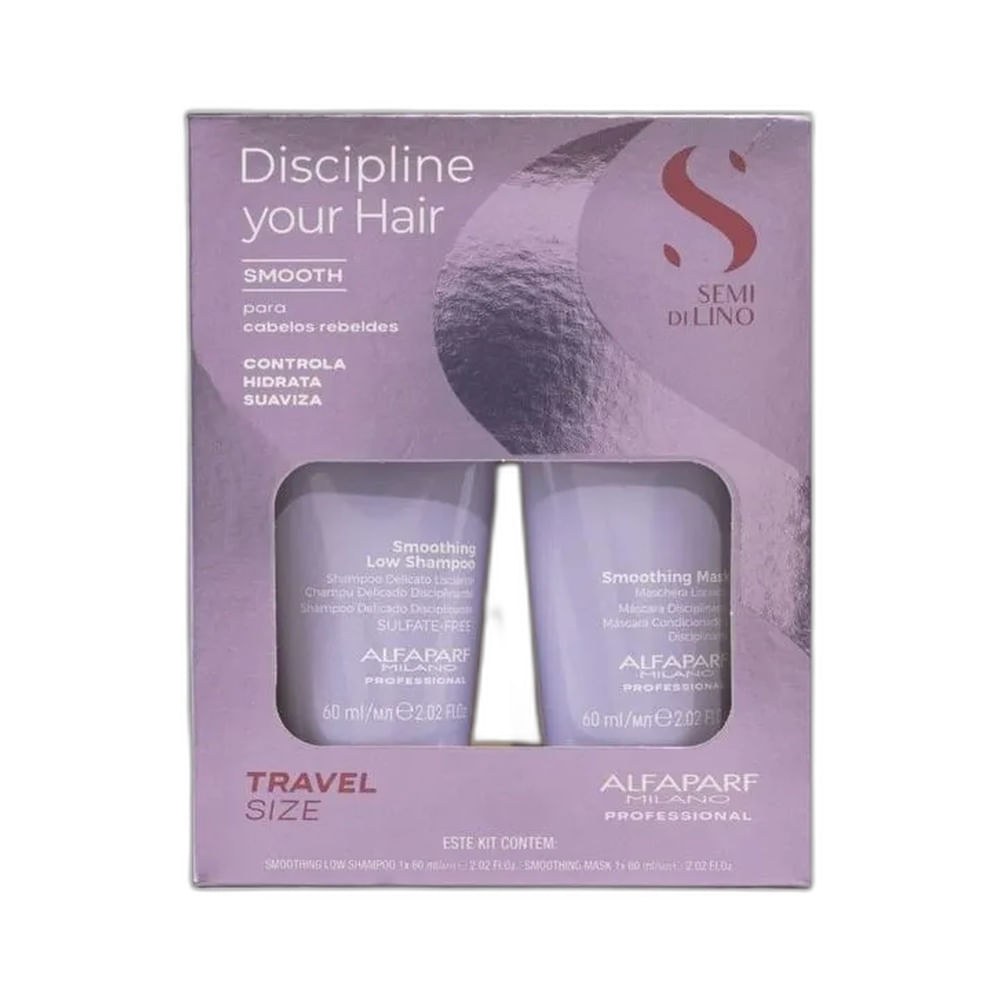 Kit Alfaparf Discipline Your Hair Smooth em embalagem roxa com frascos transparentes